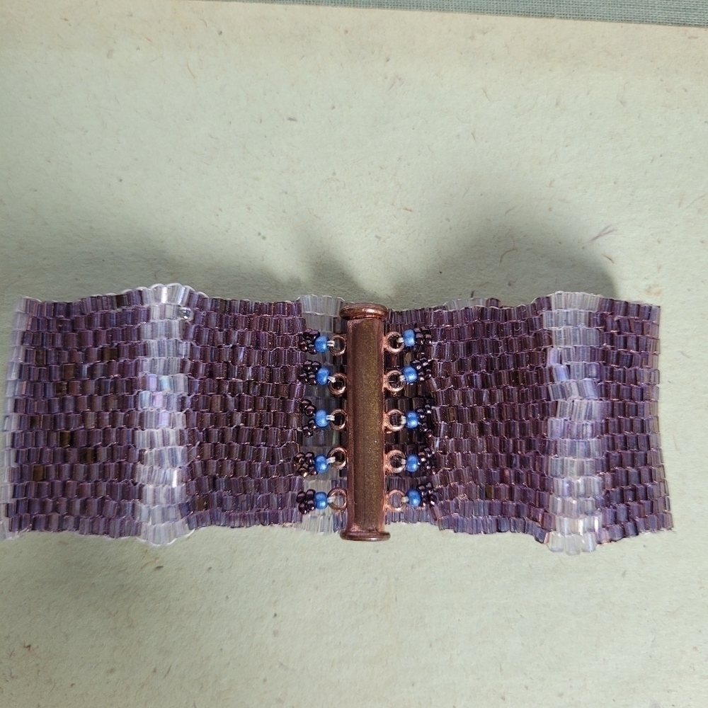 Hand Made Seed Bead Bracelet  with Unique Magnet Clasp Iridescent Purple White